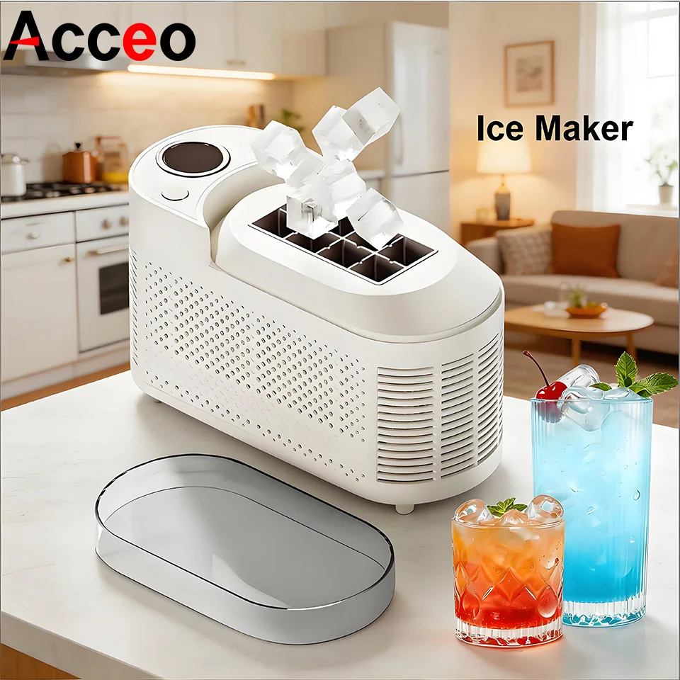 Mini máquina de gelo, 8 cubos de gelo prontos em 15 minutos, faça você mesmo, 12V/220V, caixa automática de produção de gelo para carro, casa e camping.