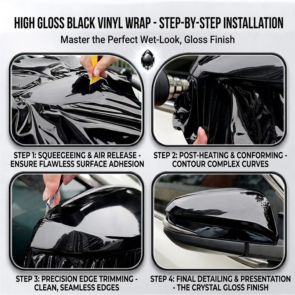 Hochwertige, glänzende, hellschwarze, selbstklebende Vinyl-Autoverpackungsfolie, Fahrzeugaufkleber auf Papierbasis, Paket auf Auto-Dekorfolie, luftblasenfrei – Detail 6