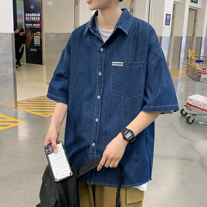 2023 Summer New Fashion Denim Short Sleeve Shirt Men Korean Fashion Retro Casual Loose Cardigan Short Sleeve Jacket Simple Style