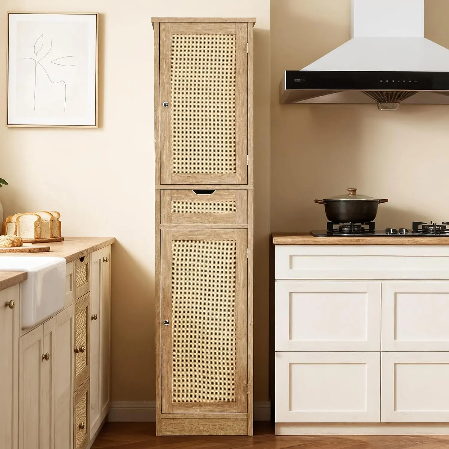 Tall Narrow Storage Cabinet With Doors, Handwoven Rattan Bathroom Cabinet With Adjustable Shelves, Freestanding Linen Storage Organizer Tower For Living Room Entryway Kitchen, Natural Wood Tone view 6