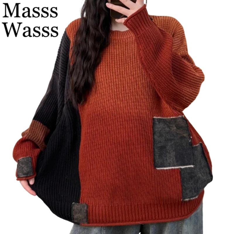 

Mass Wass корейские модные винтажные джемперы женские классические повседневные свободные лоскутные свитера женские элегантные хлопковые пуловеры в стиле панк