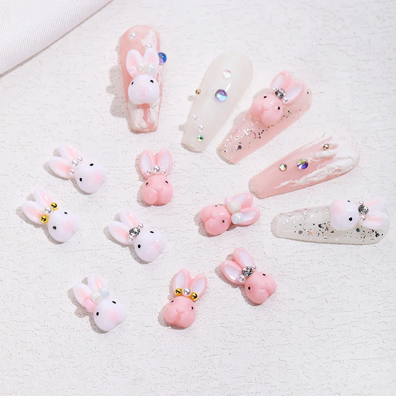 4 Pcs Rabbits Nails Accessories Mini Bunny Pearl Drill Nail Charms 3d Kawaii Resin Ornaments For Manicure Diy Decorations