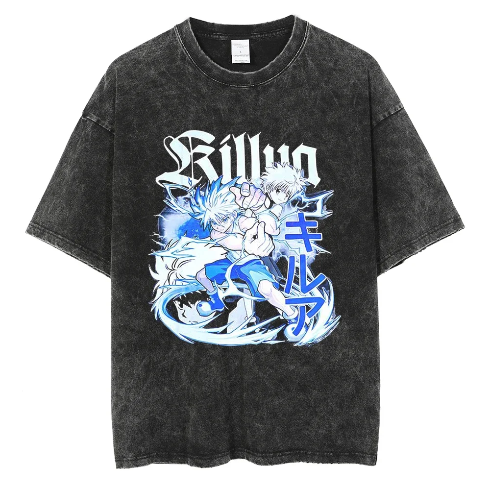 2026 summer Anime Hunter x Hunter Oversized T-shirt, Killua Zoldyck Multi-Print Casual Streetwear Washed Black Tee For Men Women - view 3
