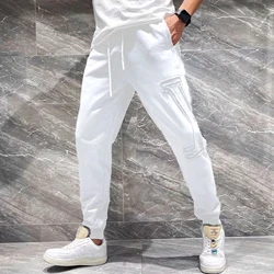 Calça casual justa masculina, calça branca de algodão, roupa ao ar livre, moda rua