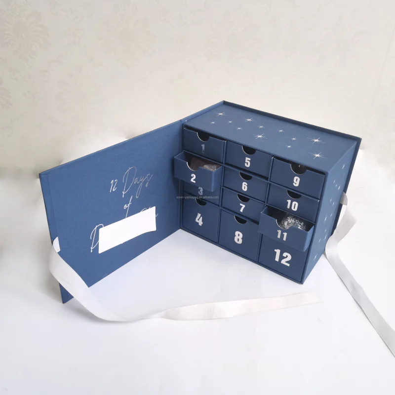 custom.Luxury Custom Cardboard Advent Calendar Box 12 Days Countdown Box with Embossing Cosmetic Packag