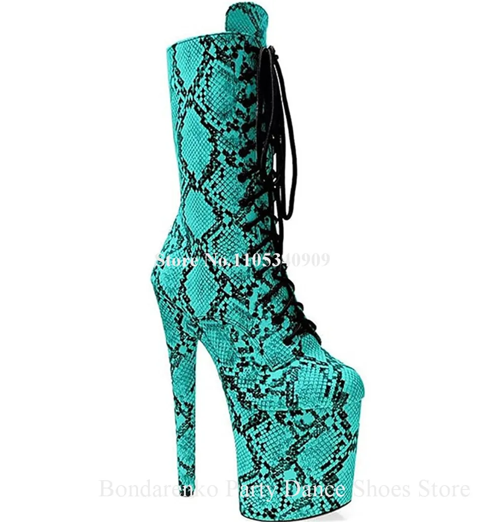Sexy Blue Purple Snakeskin Pattern Leather Stiletto Heel Short Boots Round Toe Lace-up High Platform 20cm Thin Heel Ankle Boots