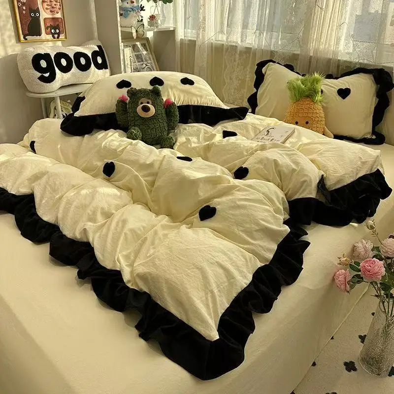 Ins Pink Bow Bedding Set Ruffles Duvet Cover Set Flat Sheet Set Women Girls Princess Bed Linen Single Twin Queen Bedclothes