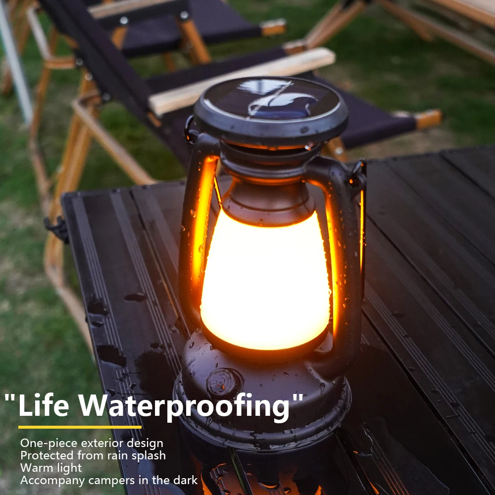 New Retro Lamp Tri-Color Led Stepless Dimming Light Source Portable Hanging Solar Charging USB Camping Outdoor Lighting