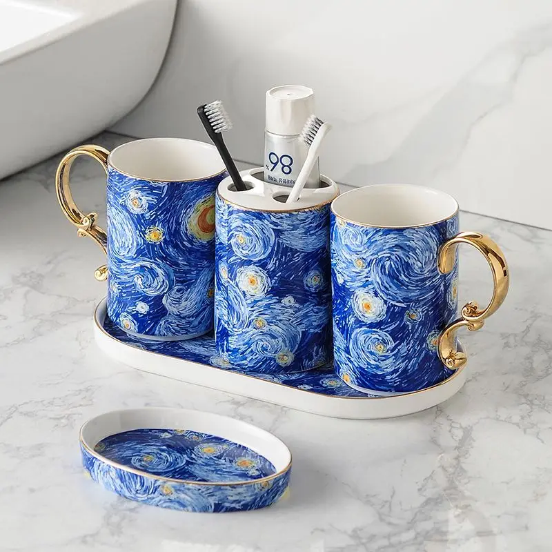 European Ceramic Blue Bathroom Five-piece Set Gold Border Gargle Cup Shampoo Bottle Soap Dish Wedding Gift Bathroom Accessories