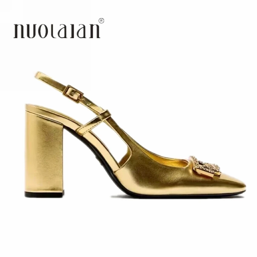 Fashion Woman High heels Gold Mules Heels for Women Chunky Rhinestone Elegant Heeled Slingback Shoes Modern Office Wedding Pumps