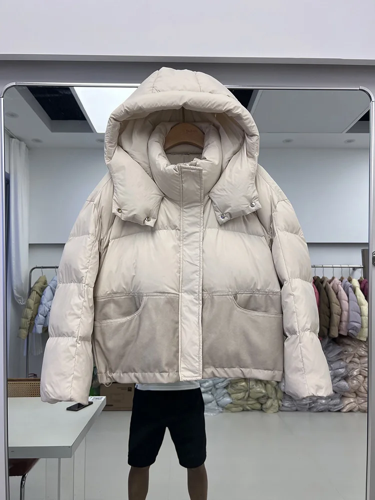 

"Hooded down jacket women 2025 new Korean version short style PU hem splicing fashionable solid white duck down jacket"