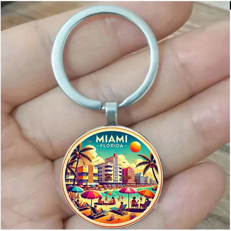 Miami Beach Palm Trees and Sunset Scene Keychains, Durable Traveler Souvenirs, Birthday, Anniversary Parties - Tropical Aestheti