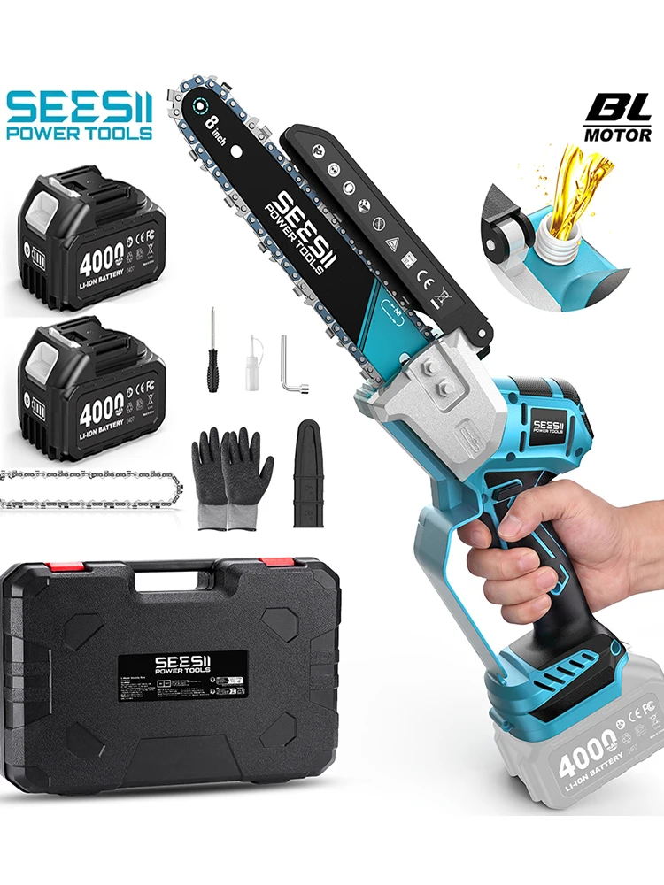 SEESII 6'' Kabellose Mini-Kettensäge 30000 U/min Bürstenlose Elektrische Kettensäge Tragbare Kettensäge Garten-Astschere Holzbearbeitungs-Schneidwerkzeug für Makita 18V Akku