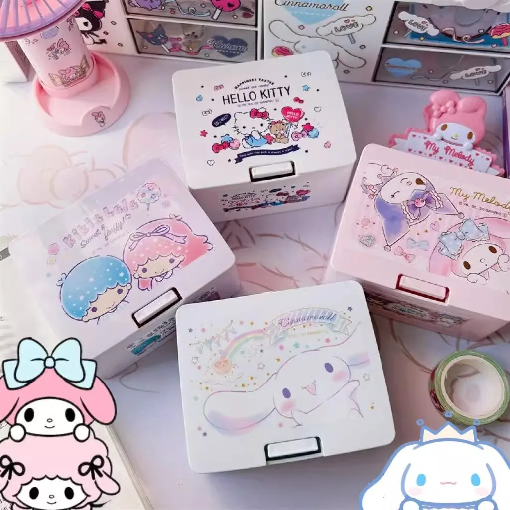 2024 Sanrio Storage Box My Melody Kuromi Cinnamoroll Cartoon Cute Desktop Foldable Cotton Swab Box Girls Portable Jewel Case