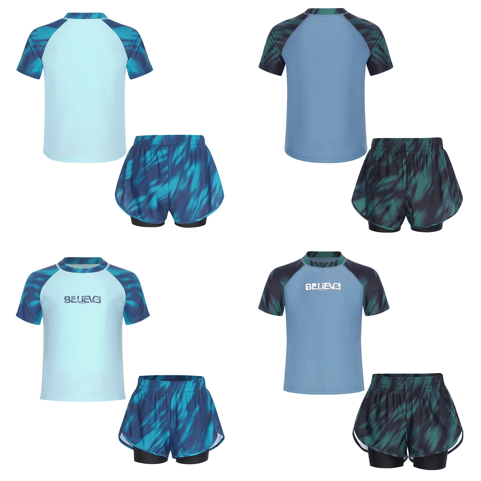 Kid Boys Two-Piece Bathing Suit Quick-Drying Rash Guard Swimsuit Short Sleeve Top with Drawstring Sides Slit Double Layer Shorts