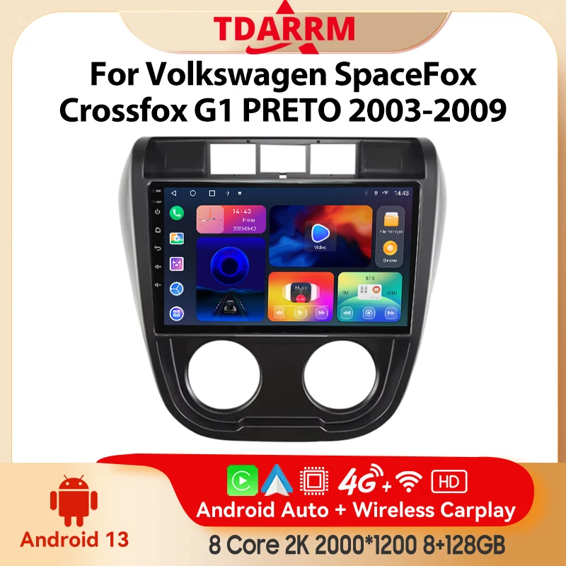 Android 14 para volkswagen spacefox crossfox g1 preto 2003 - 2009 gps reprodutor multimídia sem fio carplay autoradio 2din rádio do carro