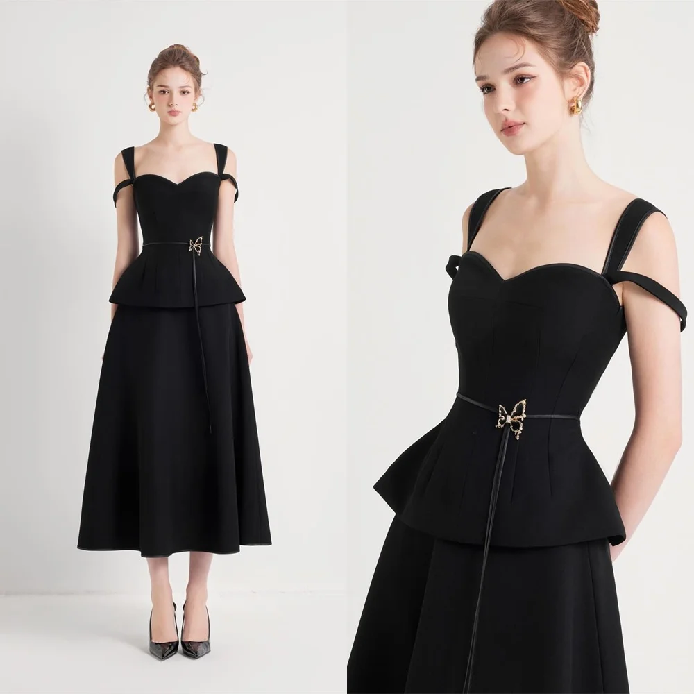 Customized Formal Black Jersey Evening Dress Classic Strapless Off the Shoulder Belt(Sashes) Backless Open Back Party Dress