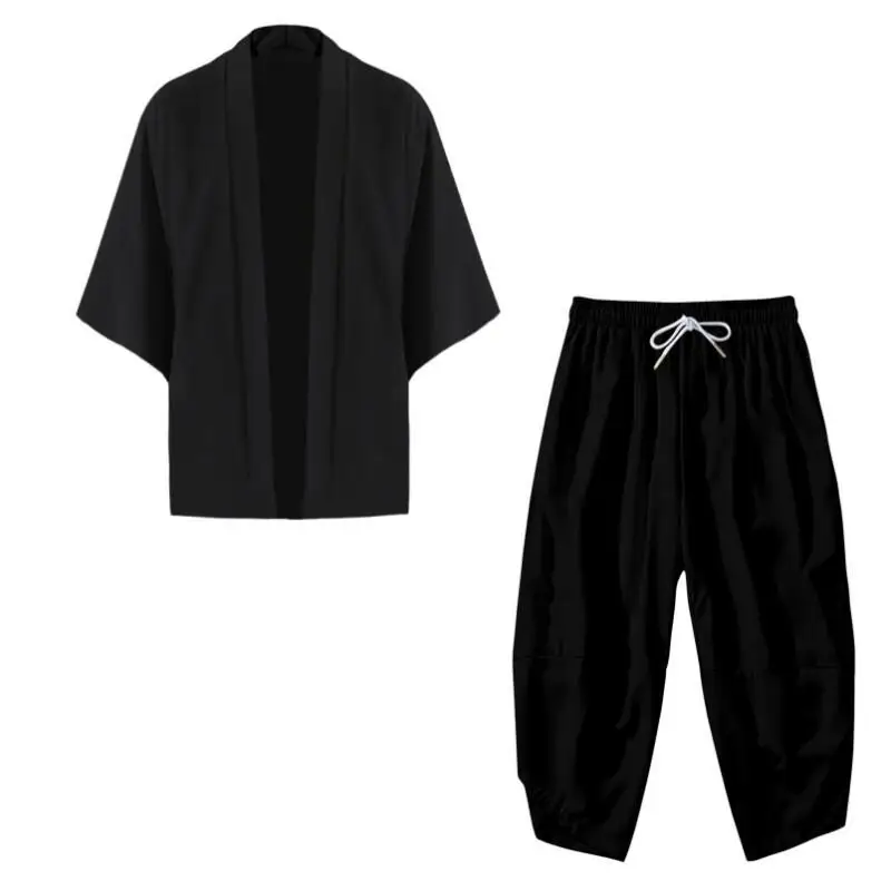 Men's Japanese Black Kimono Jacket Set Open Front 3/4 Sleeve Coat with Trousers Asian Chinese Style Printed Cardigan Suit