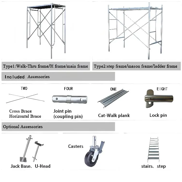 Andaime móvel de metal de fábrica com estrutura H para construção, andaime de metal galvanizado, construção de estrutura de prancha