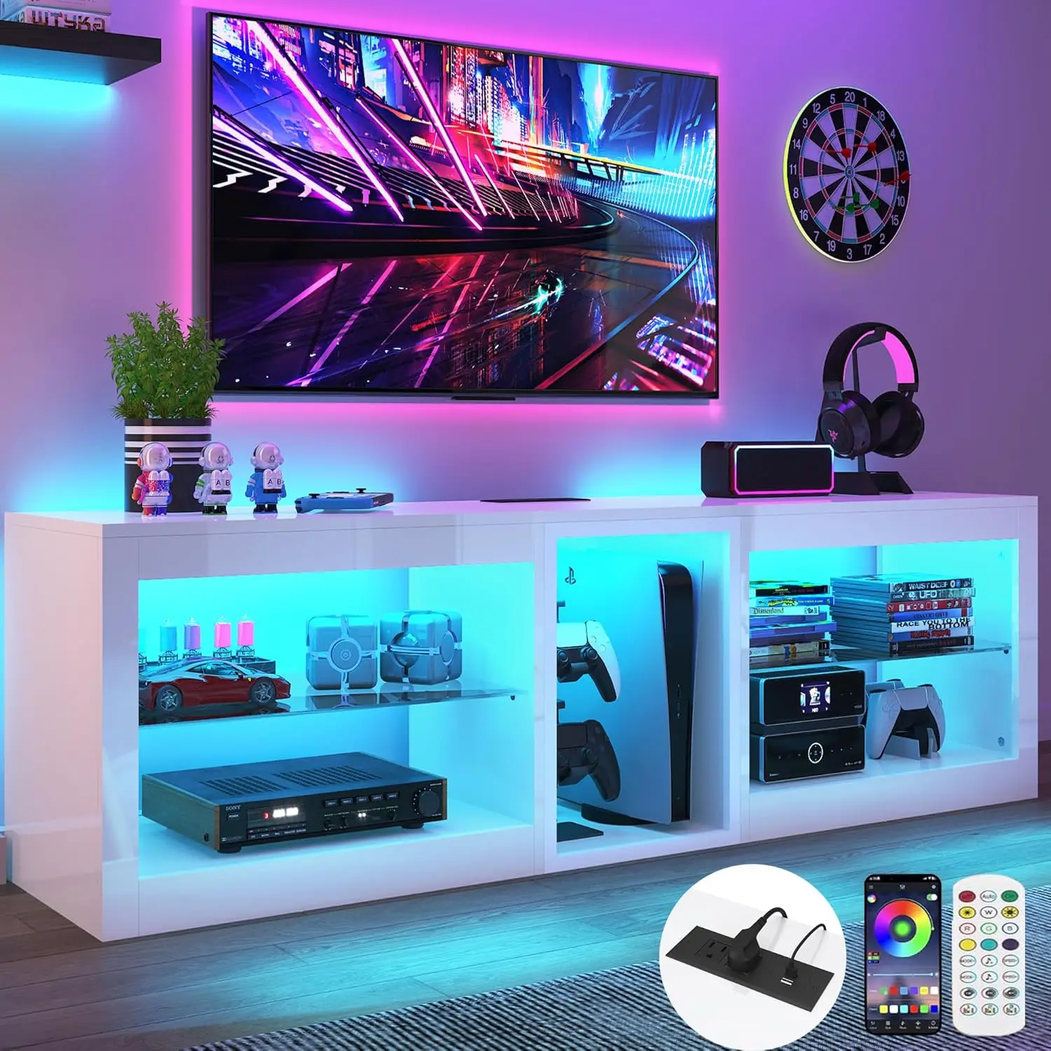 

Power Outlet,60,000-Colors Lighting for 55 60 65 70inch TV,Modern White LED Entertainment Center w/Adjustable Glass Shelves