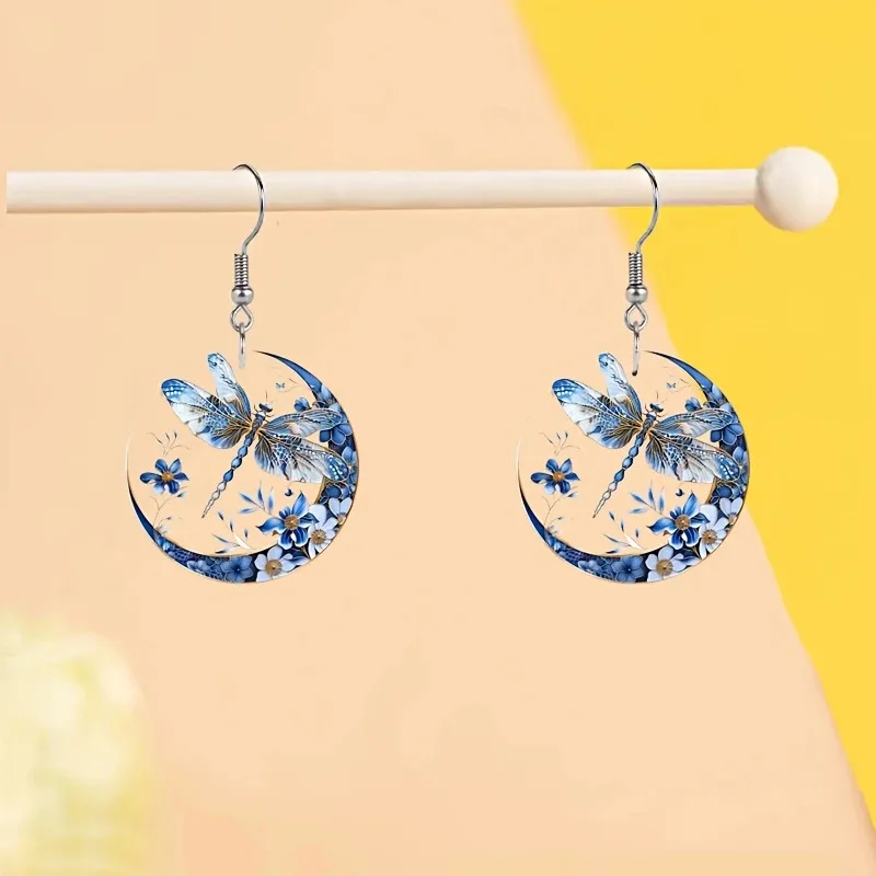 Blaue Blume Mond Libelle Tier 2D flache Acryl Ohrringe Mode Insekt Charm Ohrringe Zubehör Schmuck Geschenke für Freunde