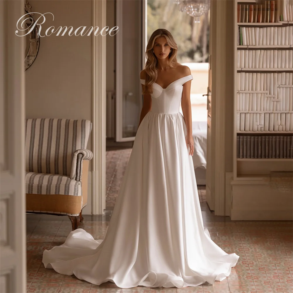 

Modern Pleat V-Neck A-Line Robe De Mariée Women Off The Shoulder Sweep Train Open Back Bridal Gown Vestidos De Novia Customized
