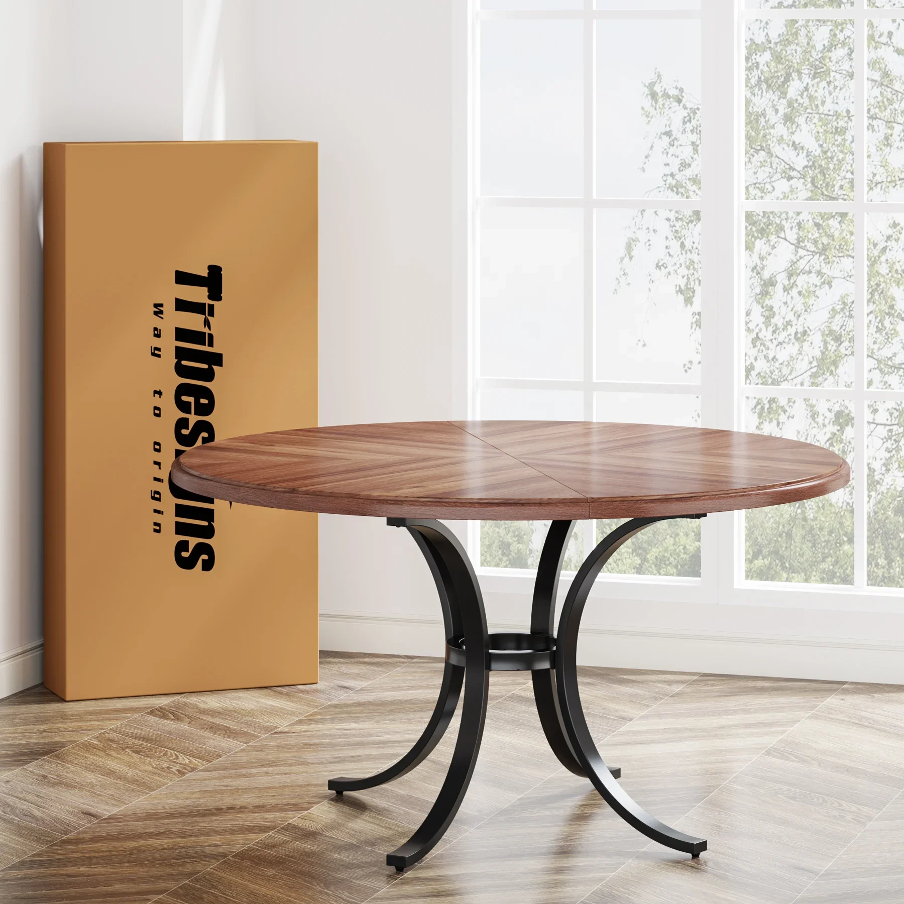 Wood Texture Surface Dining Table, Farmhouse Kitchen Table, Pedestal Base, Round Table for 4 People, Tribes Segments, 47 in