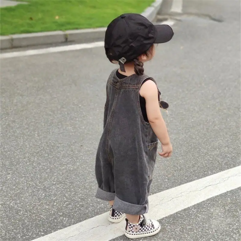 2-9Y Children\'s Jeans Pants Korean Spring Summer New 2024 Girls Boys Grey Retro Soft Denim Overall Baby Kid Cute Big PP Jumpsuit