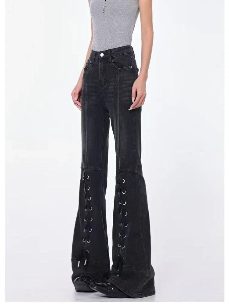 High Street Lace Up Gothic Schwarz Flare Jeans Frauen Y2k Goth Slim Fit Vintage Denim Hosen Streetwear Y2k Casual Hosen