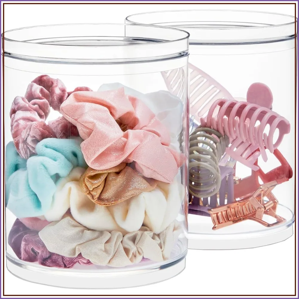 Stackable Clear Plastic Scrunchie Holder Set of 2 - Vanity Organizer for Hair Accessories & Beauty Supplies