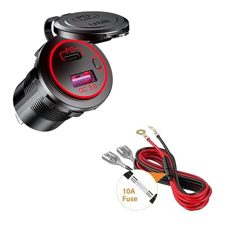 4X PD Type C USB Car Charger And QC 3.0 Quick Charger 12V Power Outlet Socket With ON/Off Switch ,Red