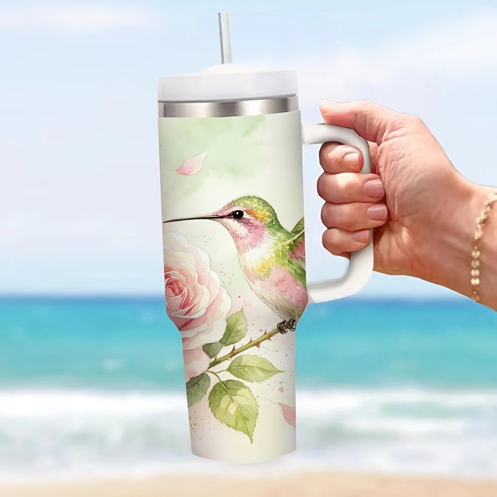 40Oz Insulated Tumbler with Handle, Featuring Watercolor Pink Rose And Hummingbird Print, Suitable for Nature Enthusiasts, Perfect for Daily Use, Outdoor Travel, And Office, Keeps Beverages Hot Or Cold