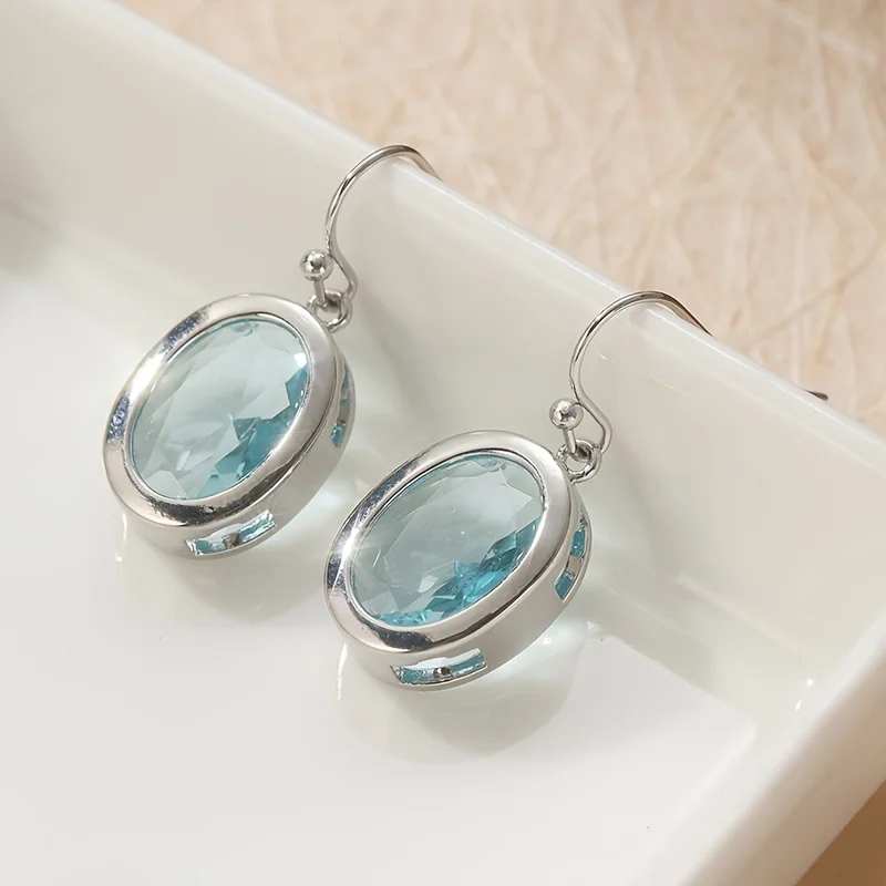 

Fashion Silver Color Metal Oval Inlaid with Sea Blue Stones Dangle Earrings for Women Engagement Wedding Earrings Jewelry