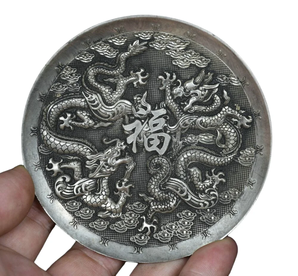 

9.8CM Old China Miao Silver Dynasty Palace 2 Dragons Blessing Luck Plate