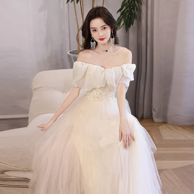 

Sweet Bow Off Shoulder Evening Dress Elegant Sequins Cake Princess Dresses Floor-Length Backless A-Line Birthday Party Gown
