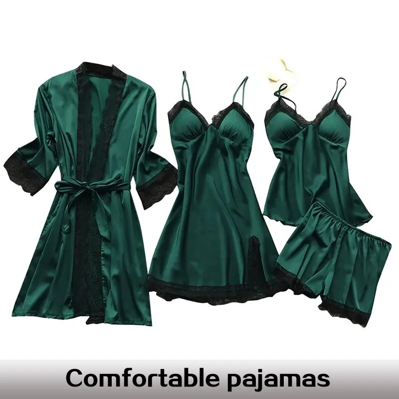 Four Piece Set of Women\'s Green Lace Trimmed Pajama Set Women\'s Home Long Robe Paired with Suspender Straps Pajama Set