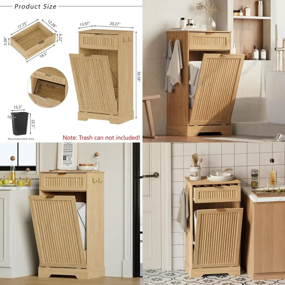 

Natural Oak Wooden Hidden Trash Cabinet with Drawers and Hooks for Kitchen or Living Room, 13 Gallons Capacity