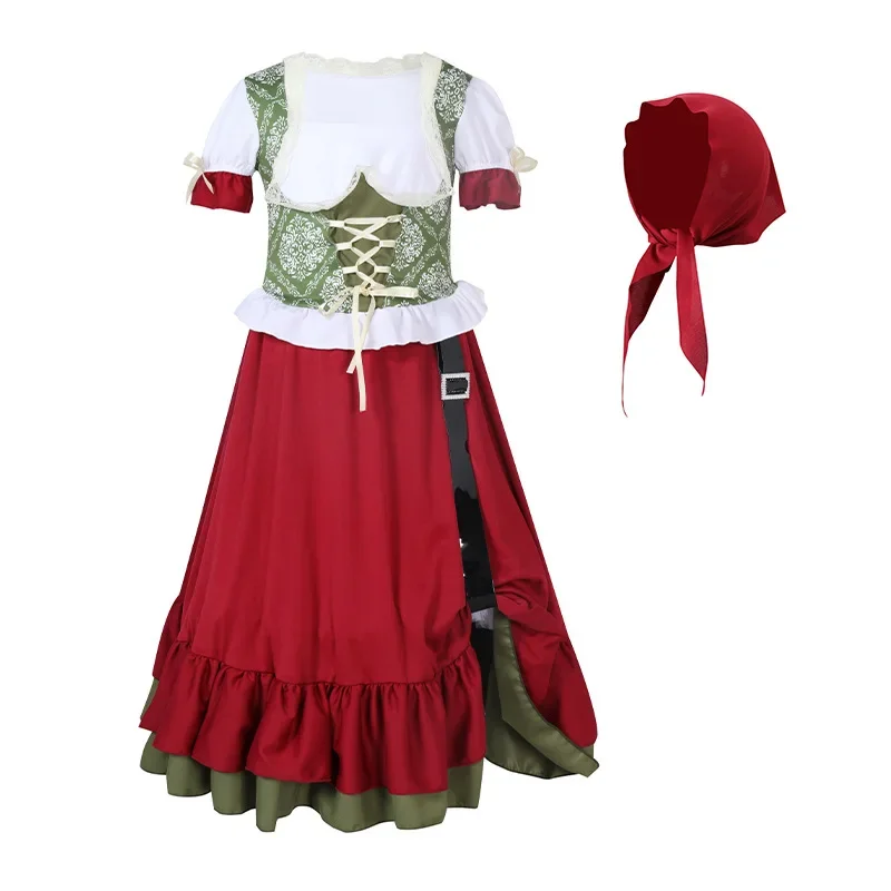 Halloween Children Germany Munich Oktoberfest Farm Maid Lolita Long Dress Girl Burgundy School Dance Show Cosplay Dress Up Suit