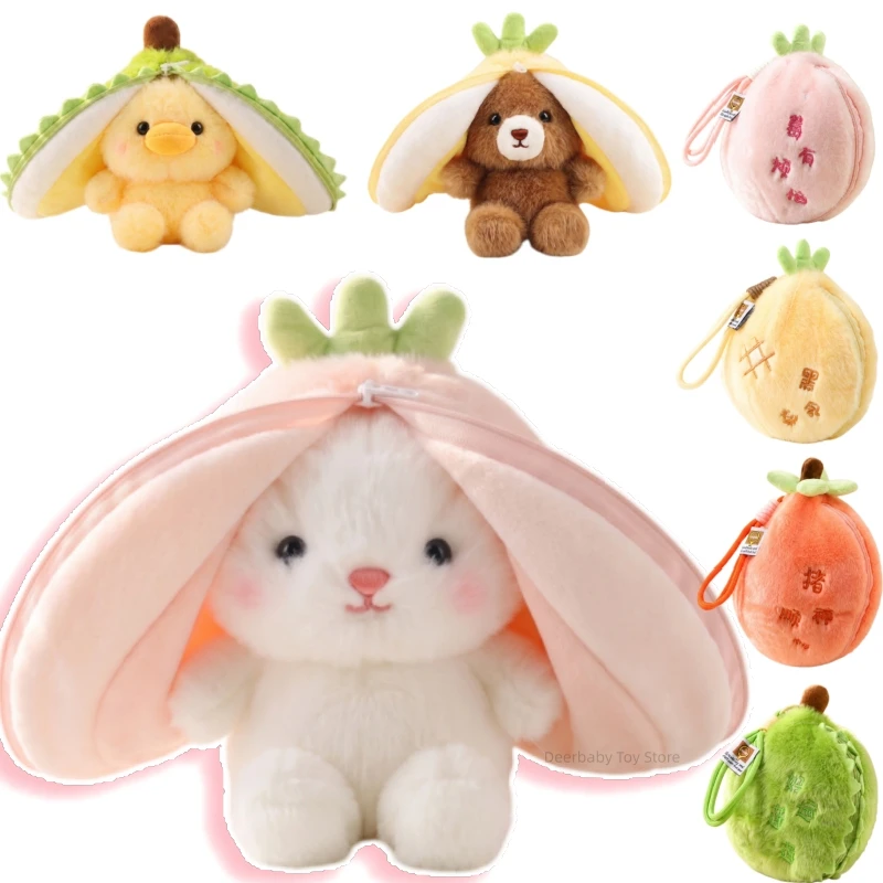 Cute Fruit Animal Plush Toy Creative Durian Pineapple Carrot Strawberry Turn Rabbit Pig Bear Soft Doll Birthday Christmas Gift