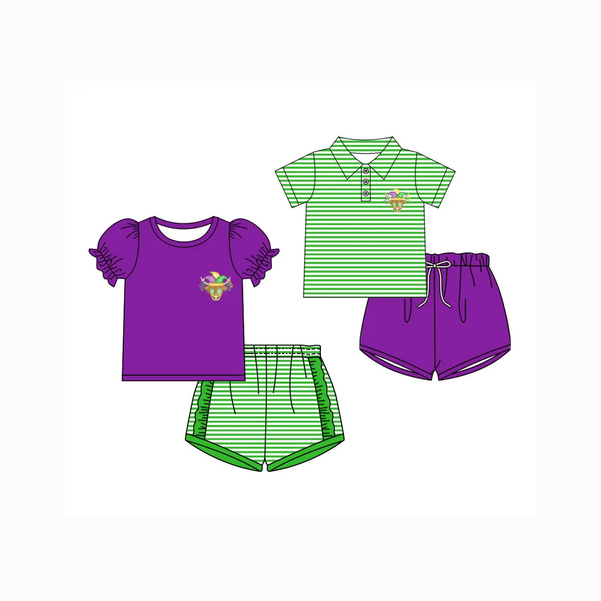 Wholesale Purple Children Mardi Gras Print Outfit Cow Print Girl Ruffled Top Boy Polo Shorts Set