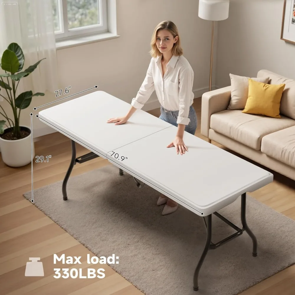 طاولة قابلة للطي شديدة التحمل بطول 6 أقدام بسعة 330 رطل، قوية ومحمولة للتخييم والمناسبات الخارجية