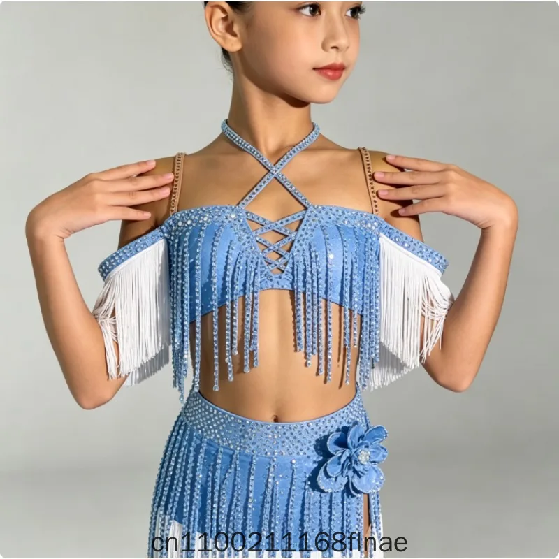 New Latin Dance Competition Dress Children's Performance Dance Skirt Girls' Tassel Flower Dress Advanced Professional Art Exam