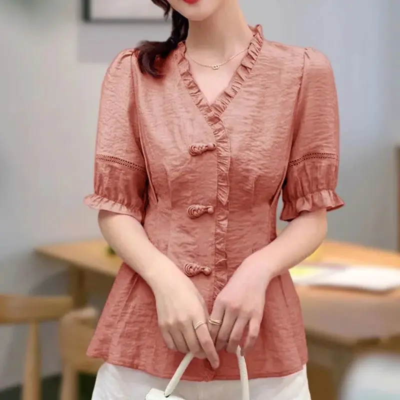 

Simplicity Office Lady Summer Women's V-Neck Solid Edible Tree Fungus Frog Fashion Casual Loose Short Sleeve Chiffon Shirt Tops