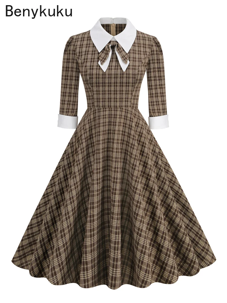 

Bow 3/4 Length Sleeve Brown Plaid Vintage Midi Dresses Office Ourfits Turn-Down Collar Rockabilly Autumn Women Elegant Dress