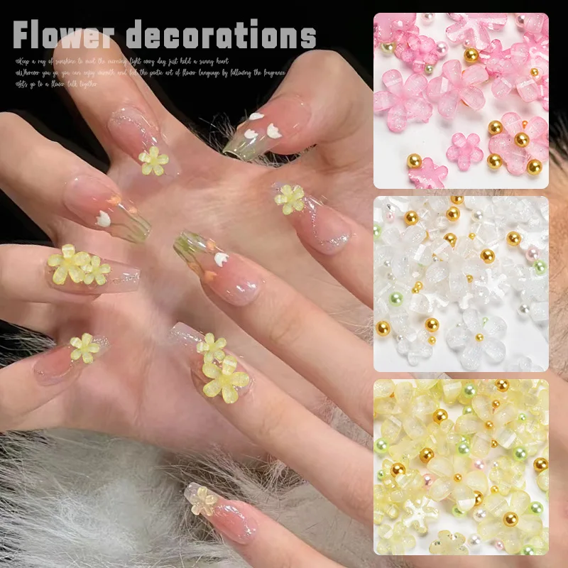 Pearl Resin Halo Color Camellia Rose 3D Nail Art Charm Mixed Size Gold Steel Ball Glitter Five Petal Flower Charming Decoration