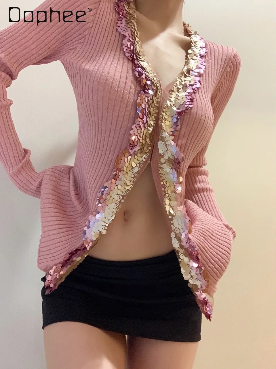 Pink Knit Cardigan Women Sequined Slim Fit V Neck Long Sleeve Ruffle Sweater Tops Designer Shiny Party Clubwear Female Clothes