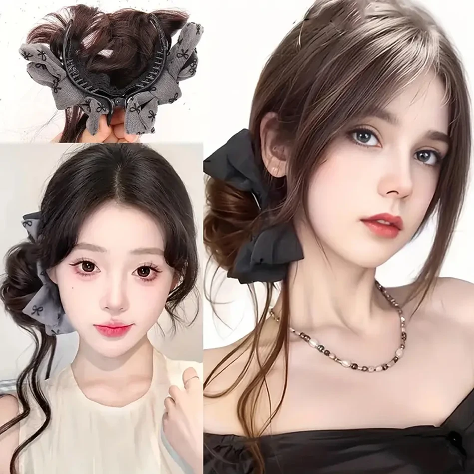 Low Side-Tie Synthetic Claw Clip Ponytail Hair Extensions With Bow Lazy Style Dragon Beard Bun Hairpiece for Women Daily Wear