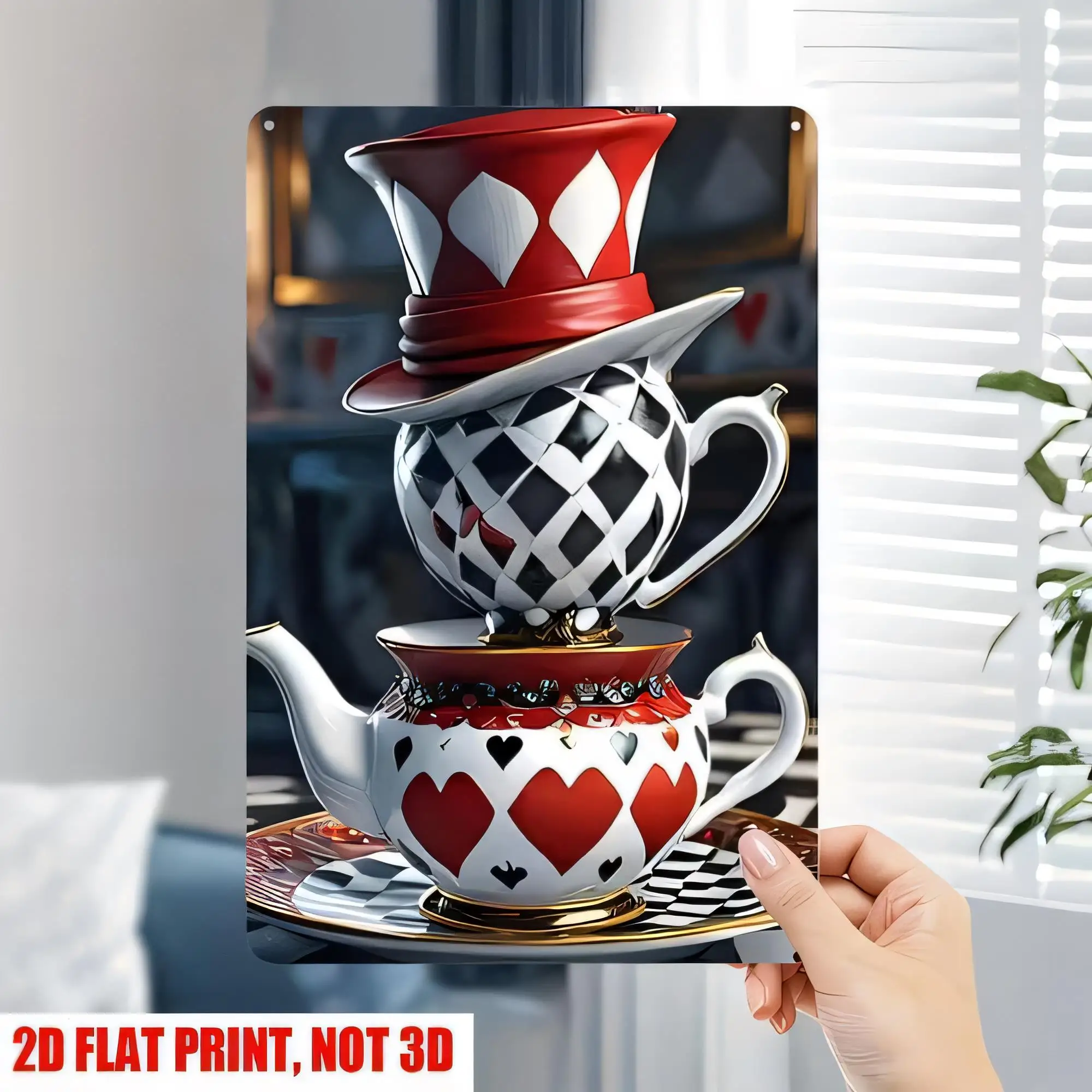 Tin Sign Red Black White Teapot Hat Playing Card Hearts Casino Wall Decor, Vintage Metal Sign for Bar Pub Gambling Theme, Retro