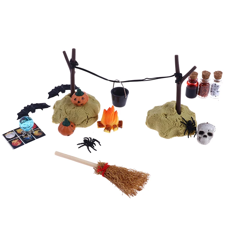 1Set 1:12 Dollhouse Miniature Halloween Horror Decor Toy Bat Skull Head  Broom Spider Pumpkin Head Magic Book Ornament DIY Toy