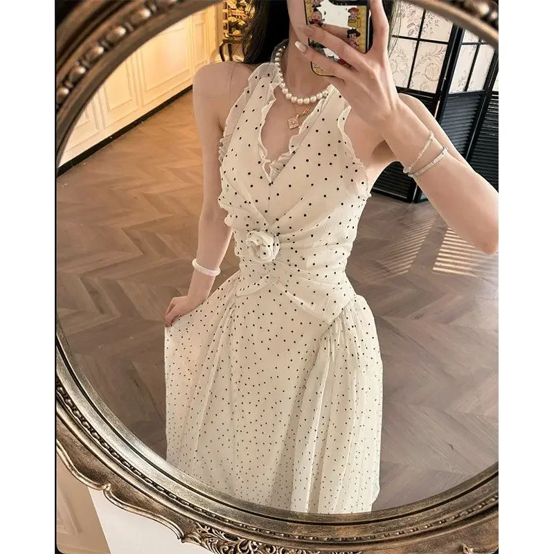 

French Retro Lace Splicing Floral Print Drawstring Waist Short Dress Women's V-neck Short Skirt